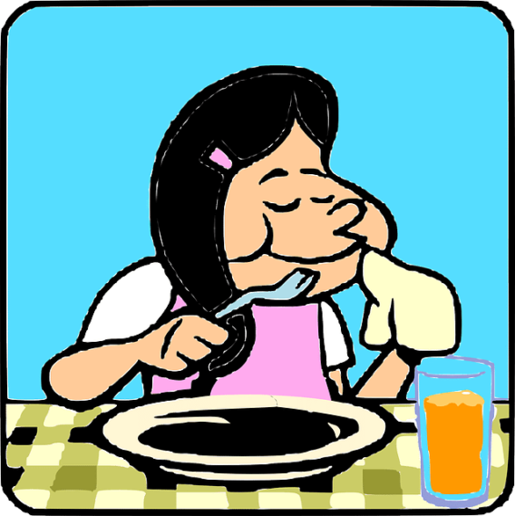 Cartoon girl eating with orange juice
